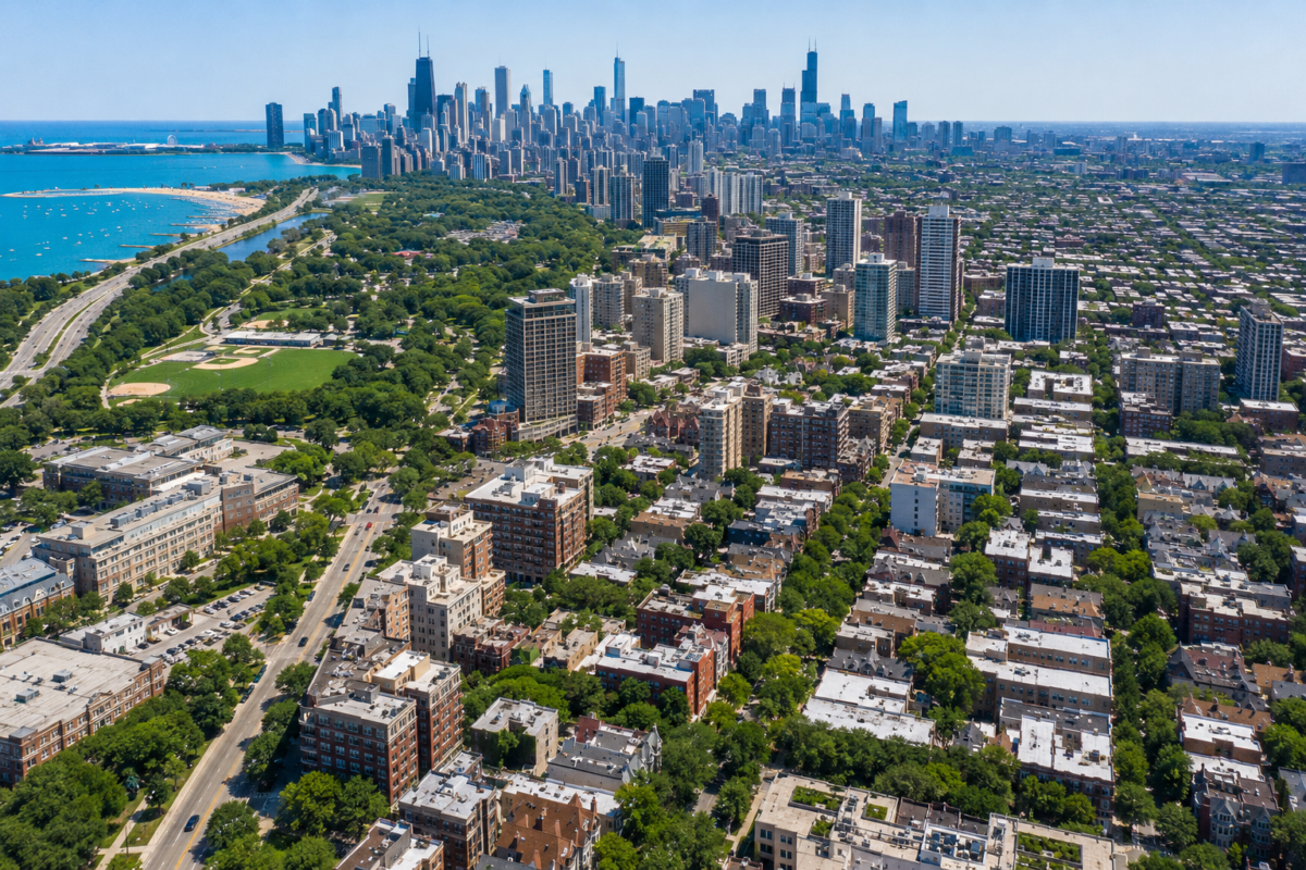 aerial view looking south to downtown from Lincoln Park