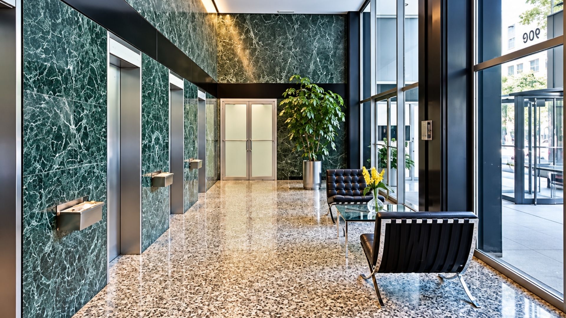 Lobby at 900 Lake Shore Drive, Chicago with green marble walls. The kind of building impacted by Protecting Renters Ordinance
