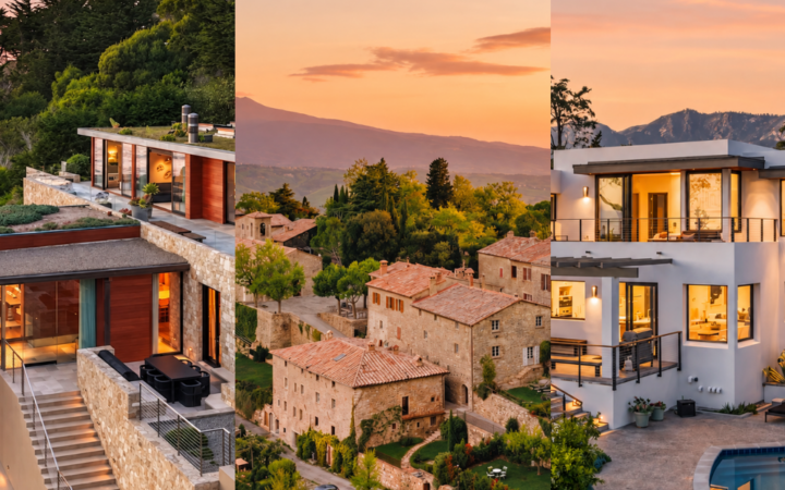 examples of available homes the pacaso fractional ownership program: costal home, european home and mountain home