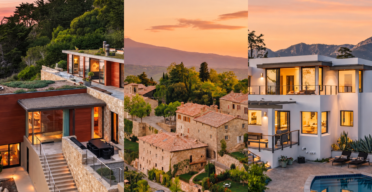 examples of available homes the pacaso fractional ownership program: costal home, european home and mountain home