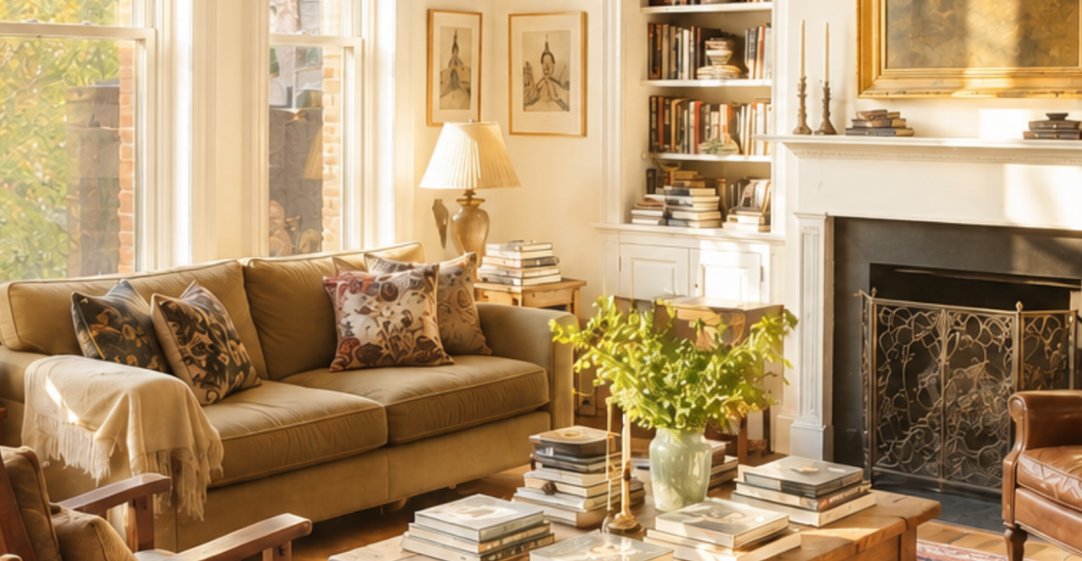 Warm, sunlit living room with a neutral sofa, fireplace, built-in bookshelves, large windows, and a coffee table stacked with books.